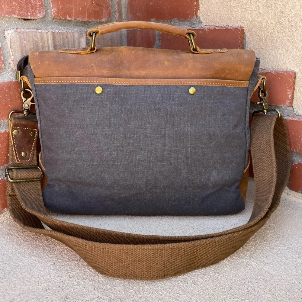 🆕WOWBOX 14” Canvas & Crazy Horse Leather Laptop Messenger Satchel Bag
